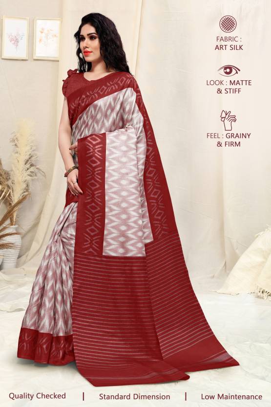 Printed, Blocked Printed Ikkat Art Silk Saree (White, Maroon)