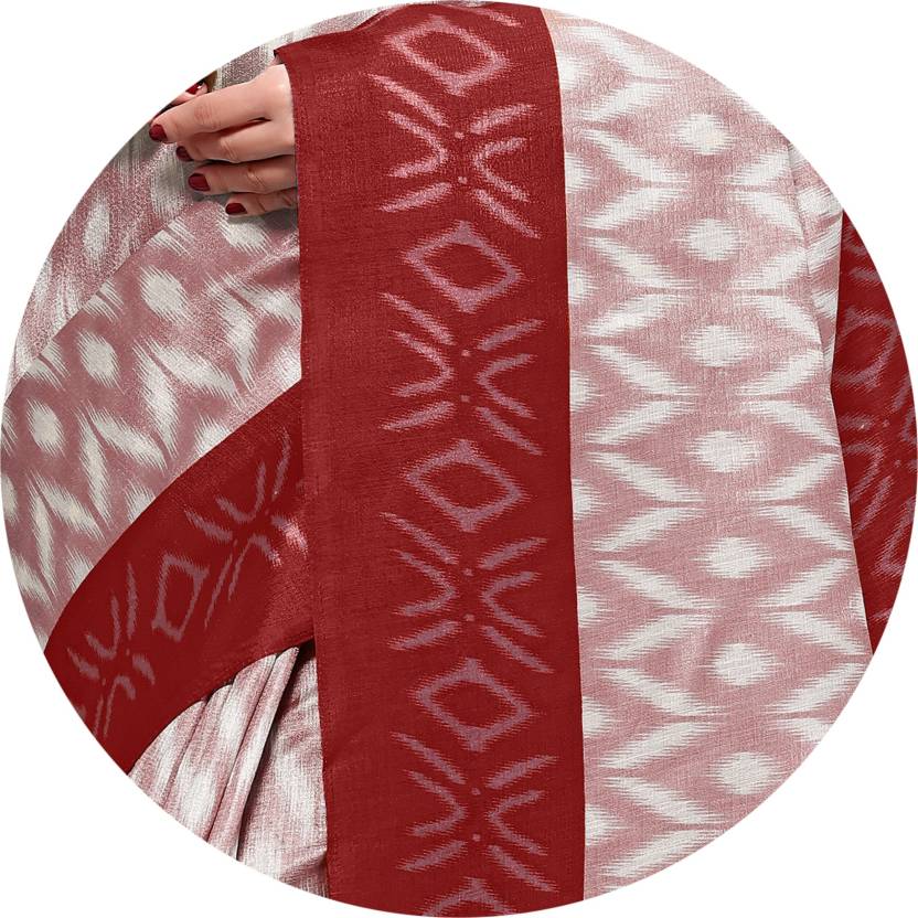 Printed, Blocked Printed Ikkat Art Silk Saree (White, Maroon)