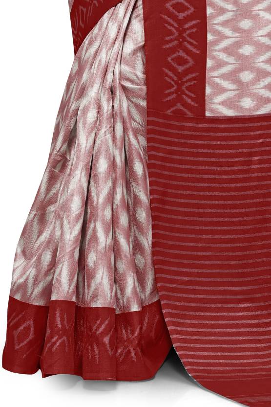 Printed, Blocked Printed Ikkat Art Silk Saree (White, Maroon)