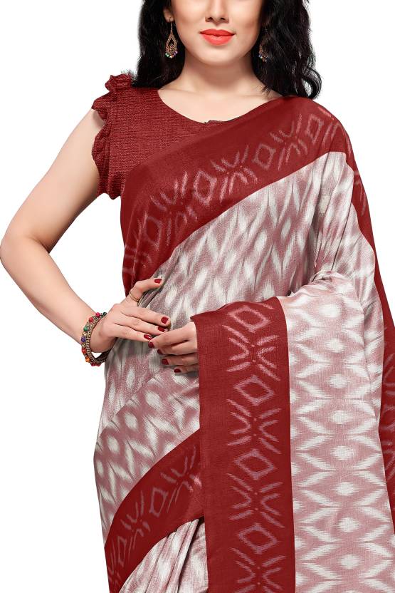 Printed, Blocked Printed Ikkat Art Silk Saree (White, Maroon)