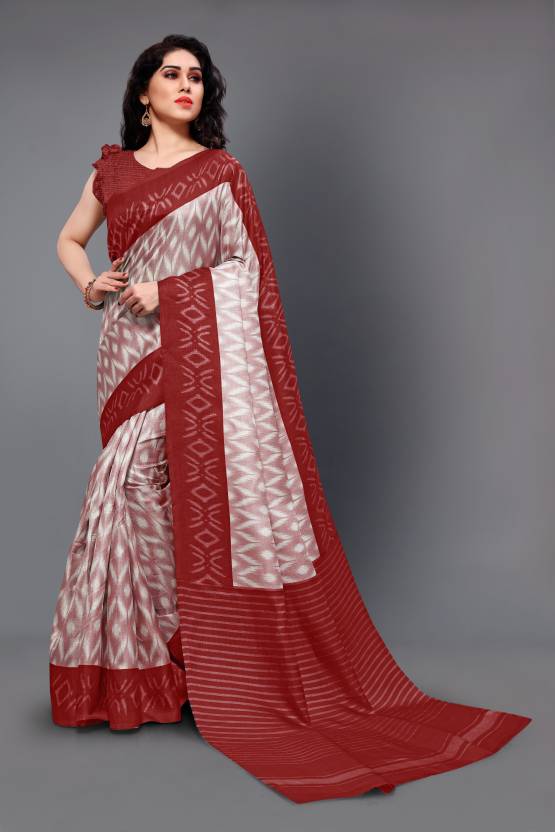 Printed, Blocked Printed Ikkat Art Silk Saree (White, Maroon)