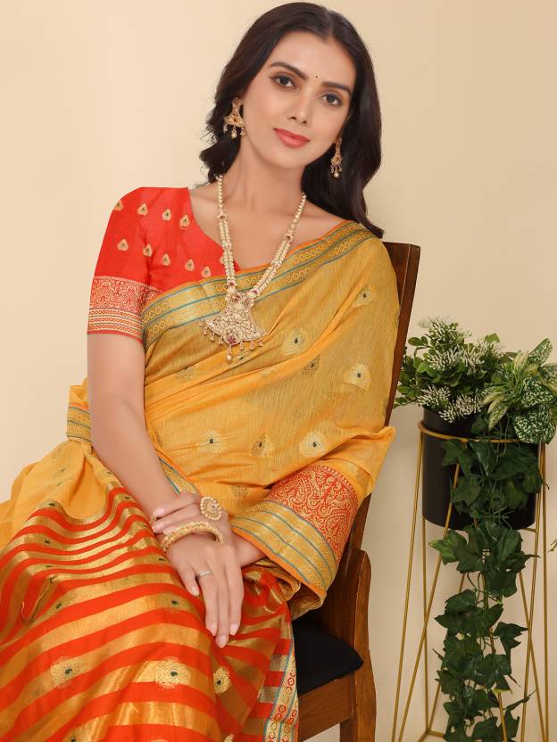 Self Design, Woven, Solid/Plain Banarasi Silk Blend, Cotton Blend Saree (Mustard)