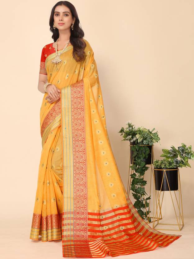 Self Design, Woven, Solid/Plain Banarasi Silk Blend, Cotton Blend Saree (Mustard)