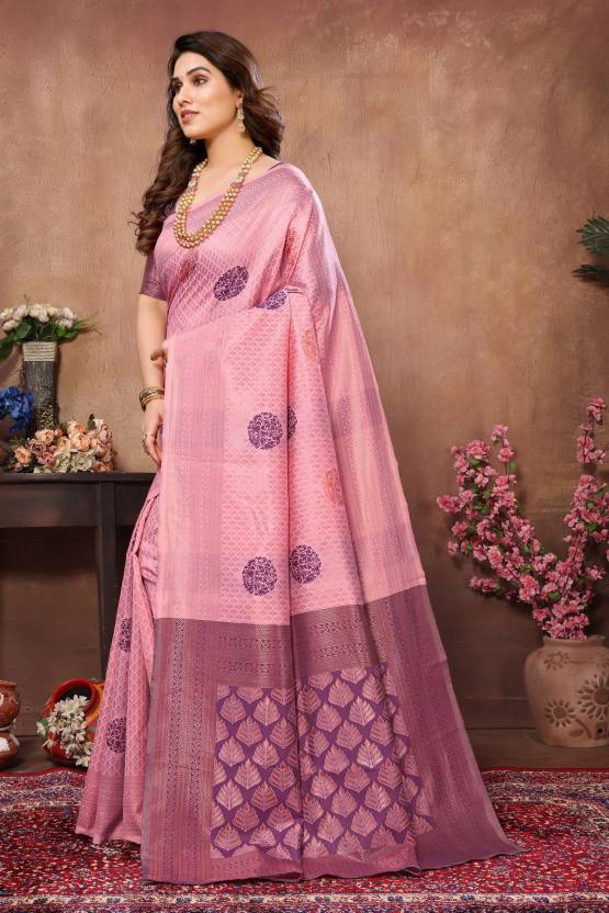 Self Design Banarasi Cotton Blend Saree (Pink)