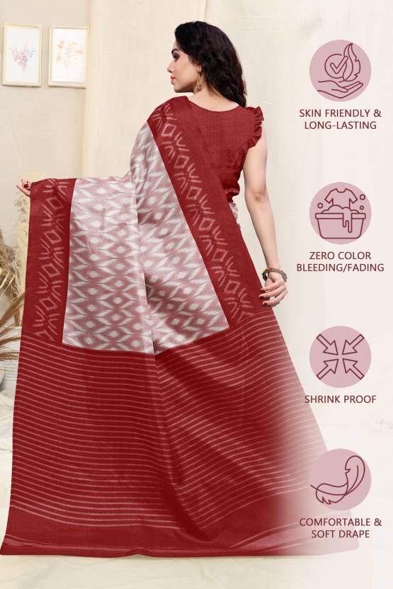Printed, Blocked Printed Ikkat Art Silk Saree  (White, Maroon)