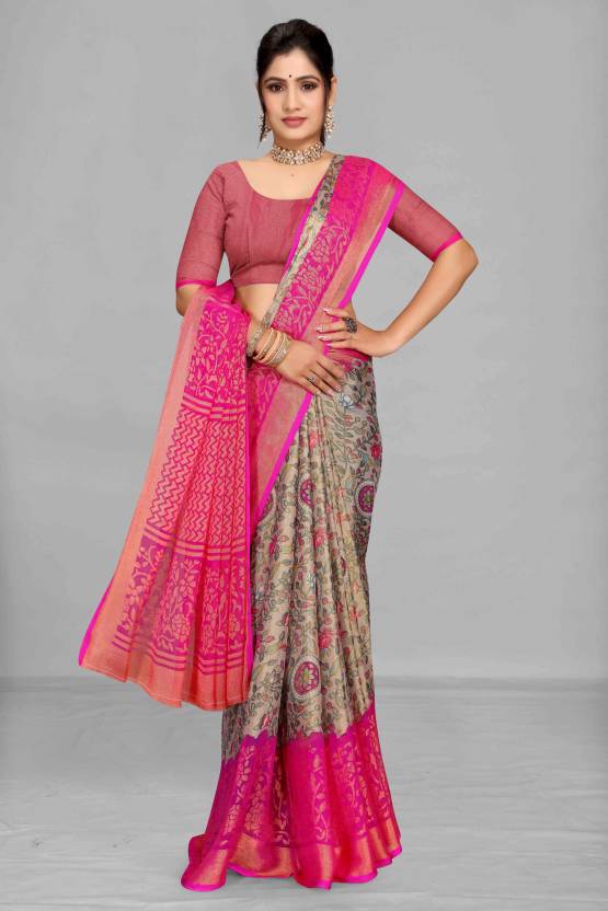 Printed, Floral Print Leheria Brasso, Chiffon Saree  (Grey)