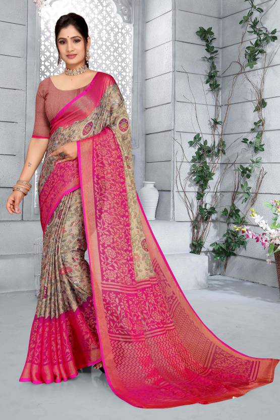 Printed, Floral Print Leheria Brasso, Chiffon Saree  (Grey)