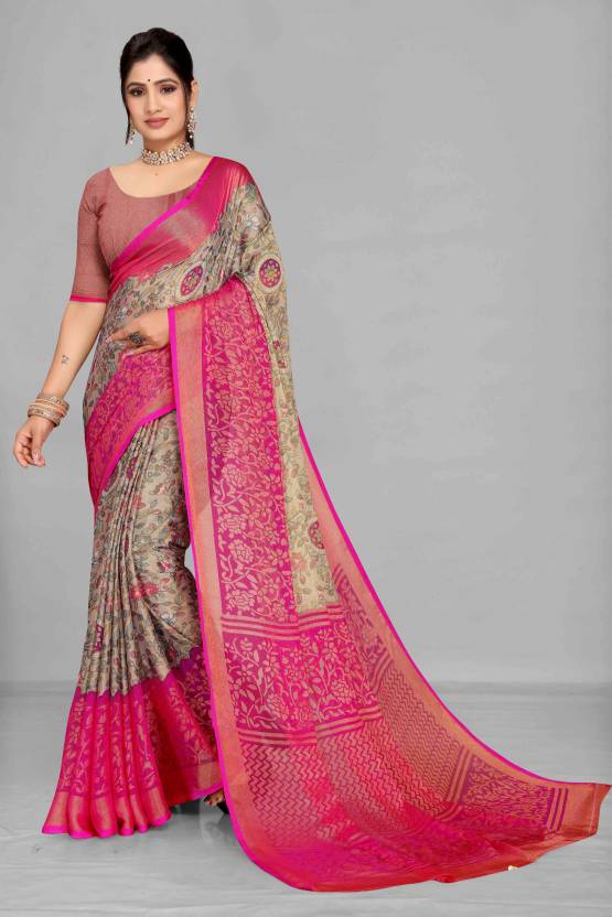 Printed, Floral Print Leheria Brasso, Chiffon Saree  (Grey)