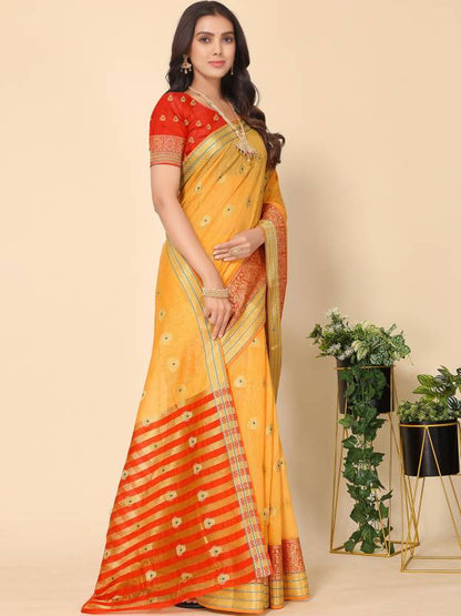 Self Design, Woven, Solid/Plain Banarasi Silk Blend, Cotton Blend Saree  (Mustard)