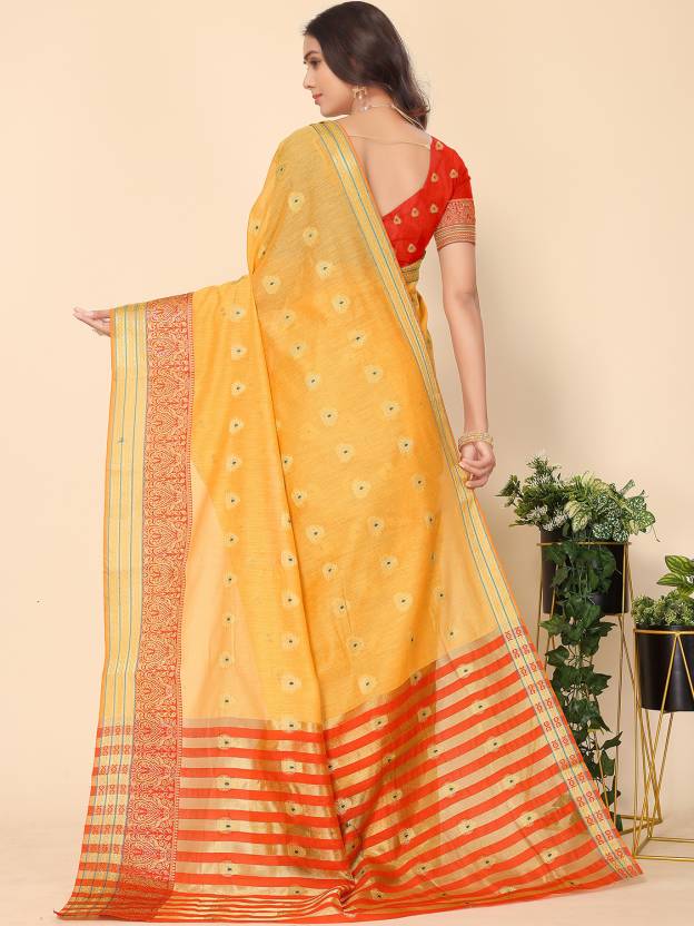 Self Design, Woven, Solid/Plain Banarasi Silk Blend, Cotton Blend Saree  (Mustard)