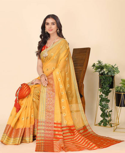 Self Design, Woven, Solid/Plain Banarasi Silk Blend, Cotton Blend Saree  (Mustard)