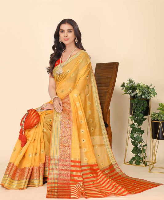 Self Design, Woven, Solid/Plain Banarasi Silk Blend, Cotton Blend Saree  (Mustard)