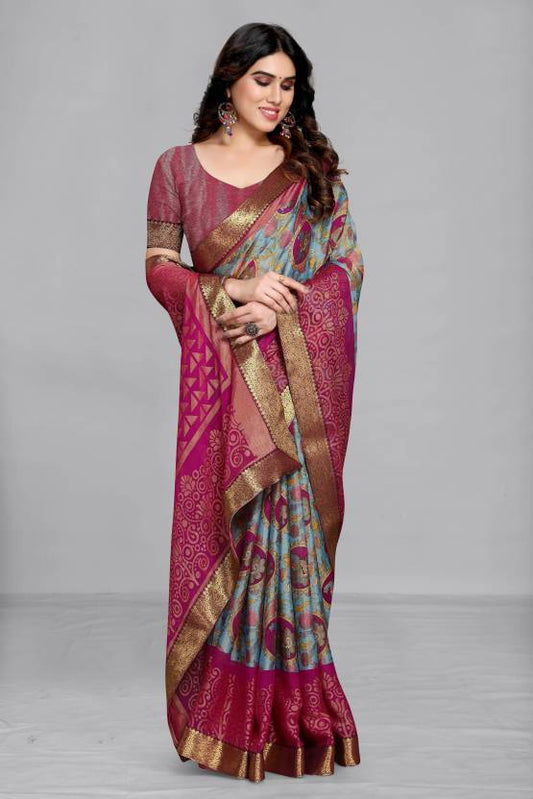 Printed, Floral Print Bollywood Brasso, Chiffon Saree  (Blue, Purple)