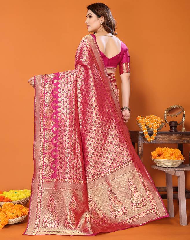 Self Design Kanjivaram Silk Blend Saree  (Pink)