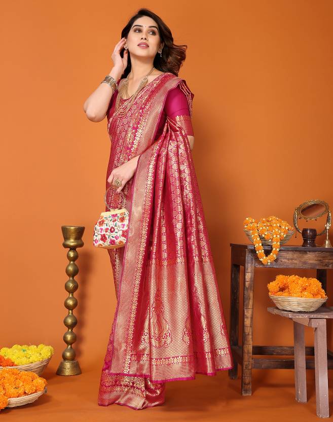 Self Design Kanjivaram Silk Blend Saree  (Pink)