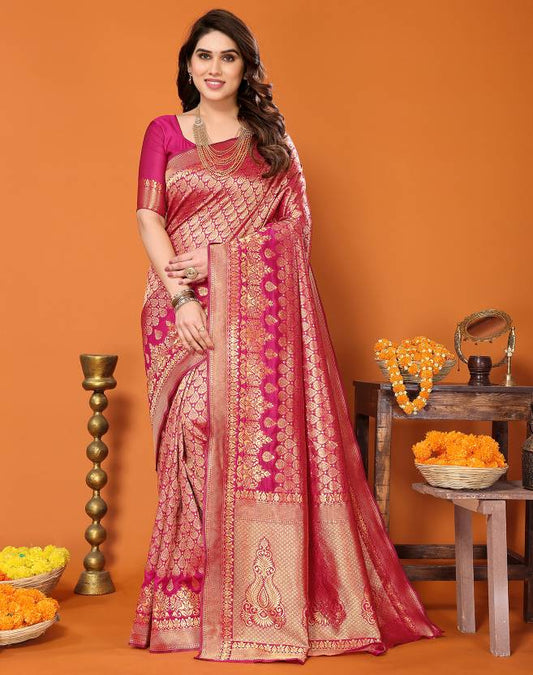 Self Design Kanjivaram Silk Blend Saree  (Pink)