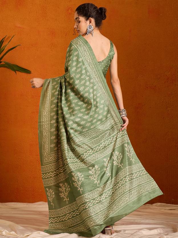 Printed Bollywood Cotton Blend Saree  (Light Green)