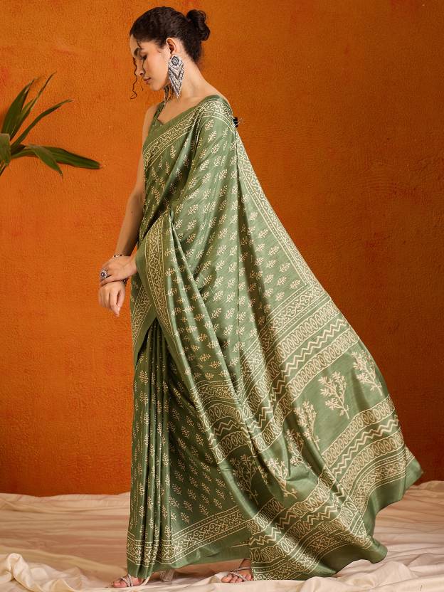 Printed Bollywood Cotton Blend Saree  (Light Green)