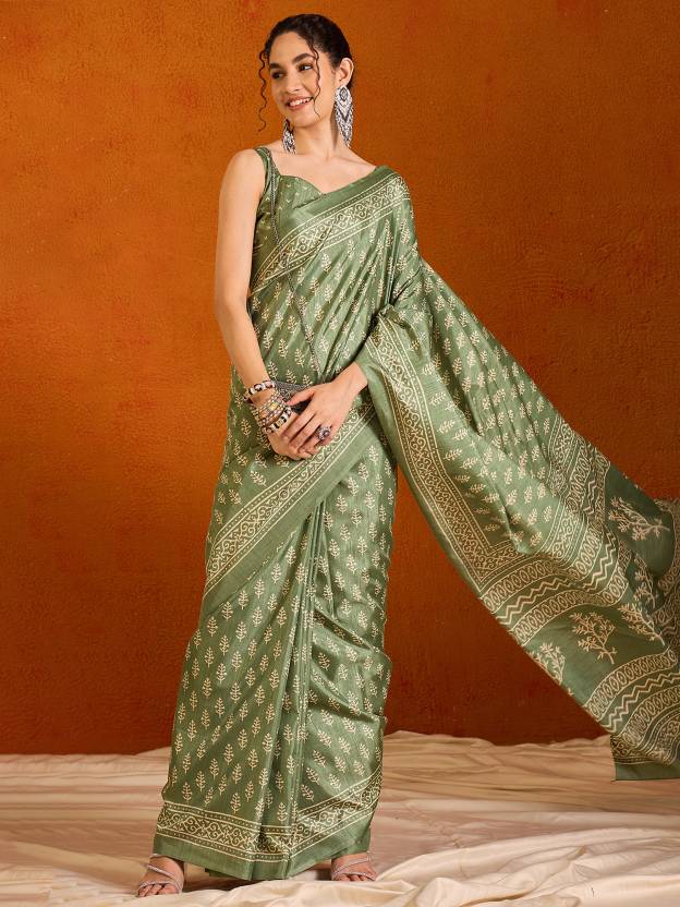 Printed Bollywood Cotton Blend Saree  (Light Green)