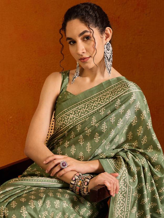 Printed Bollywood Cotton Blend Saree  (Light Green)
