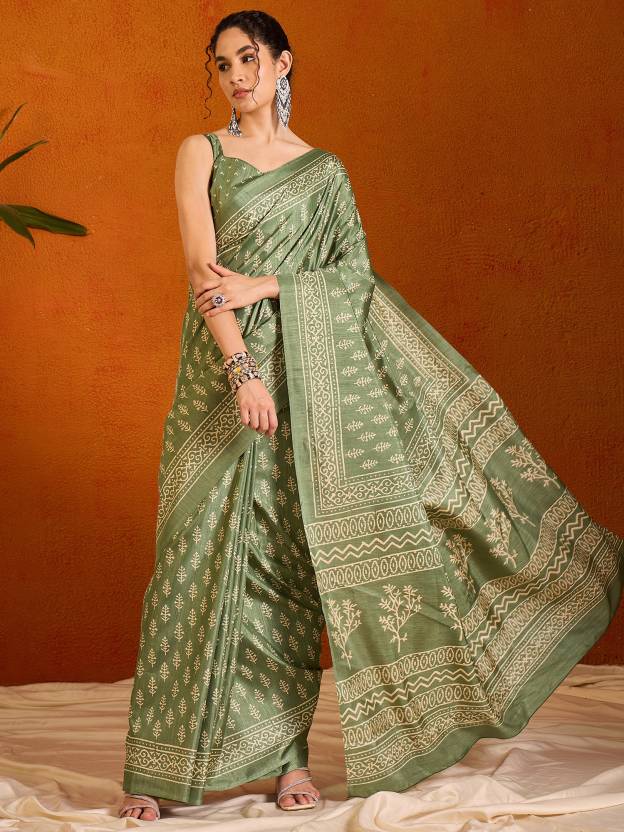 Printed Bollywood Cotton Blend Saree  (Light Green)
