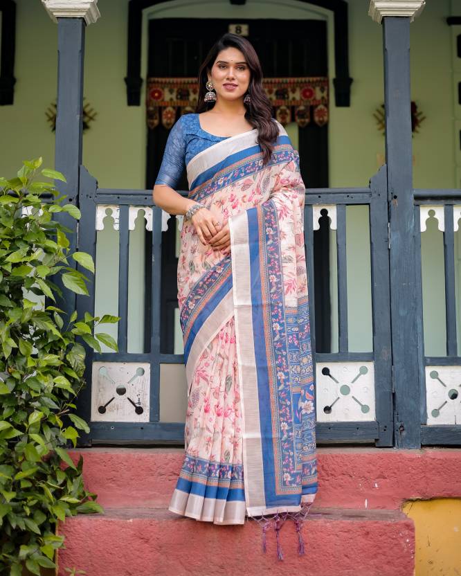 Printed Bollywood Cotton Linen Saree  (Pink)
