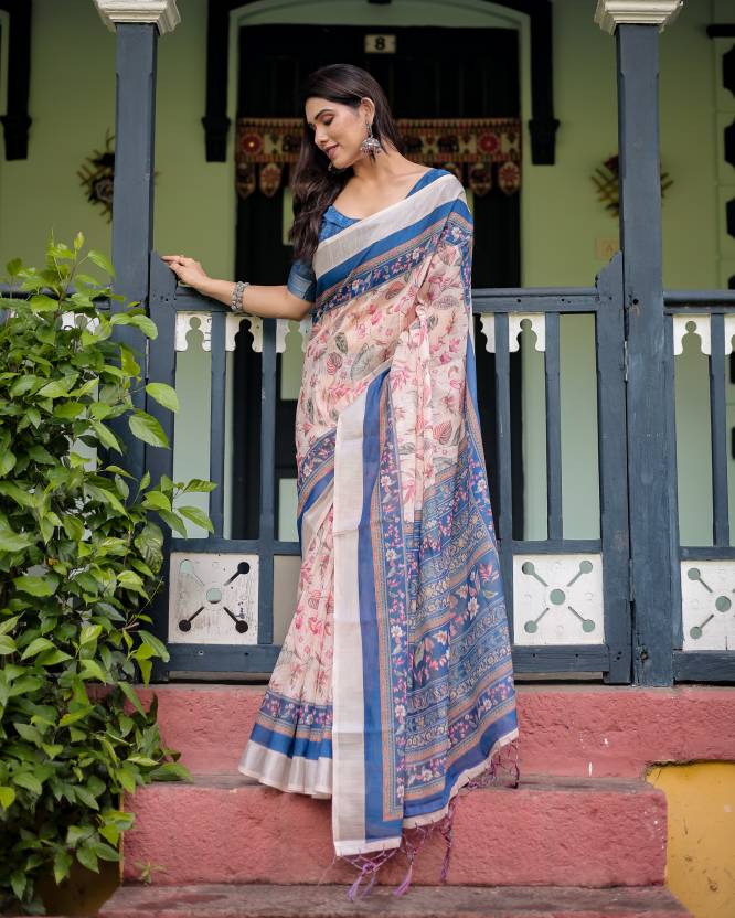 Printed Bollywood Cotton Linen Saree  (Pink)