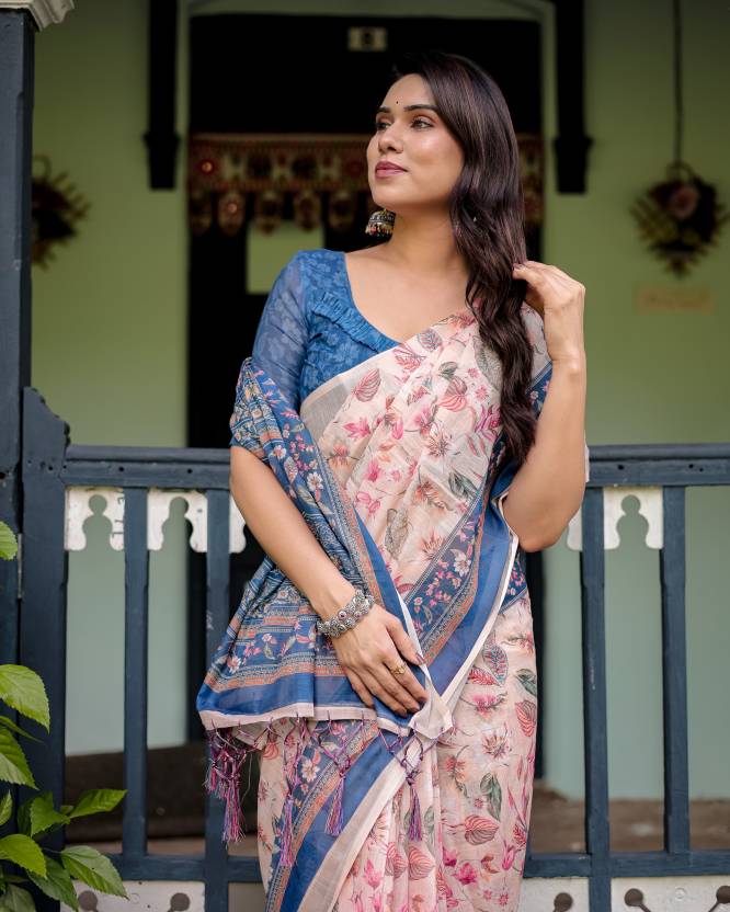 Printed Bollywood Cotton Linen Saree  (Pink)