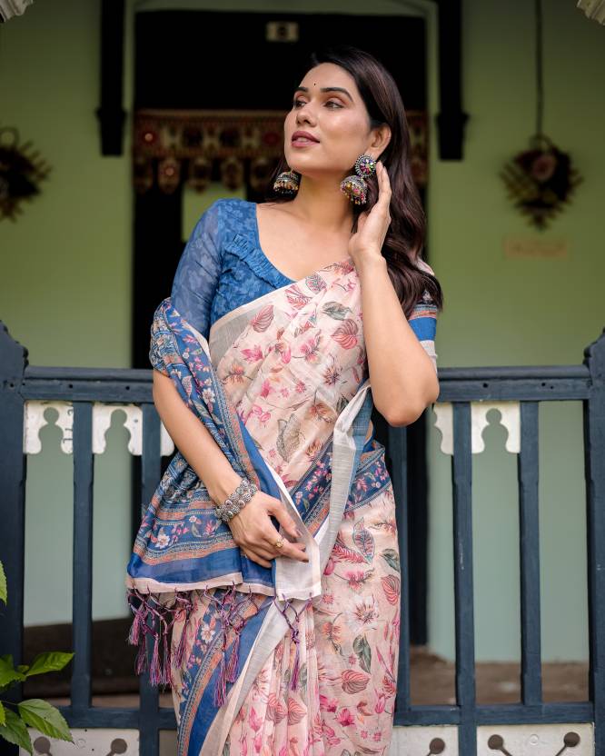 Printed Bollywood Cotton Linen Saree  (Pink)