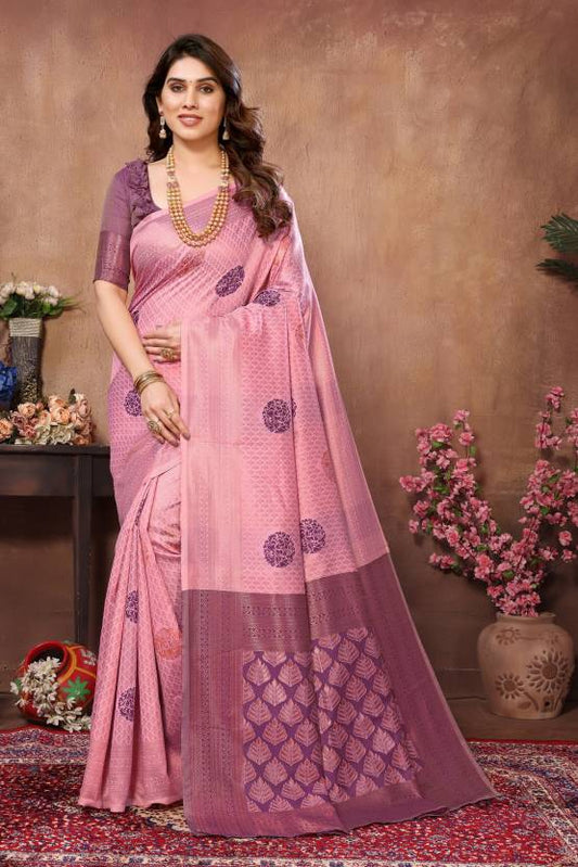 Self Design Banarasi Cotton Blend Saree  (Pink)